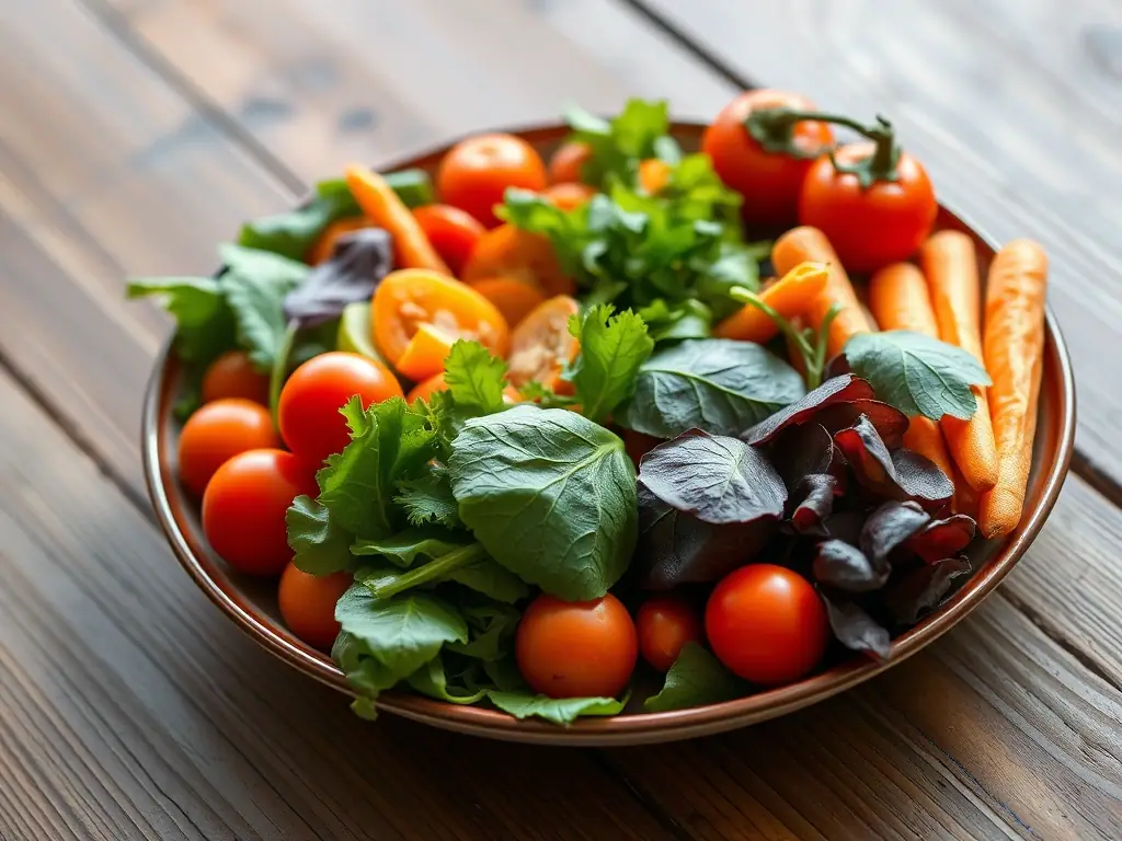 A vibrant and colorful plate of healthy, plant-based foods, representing nutritious eating habits.
