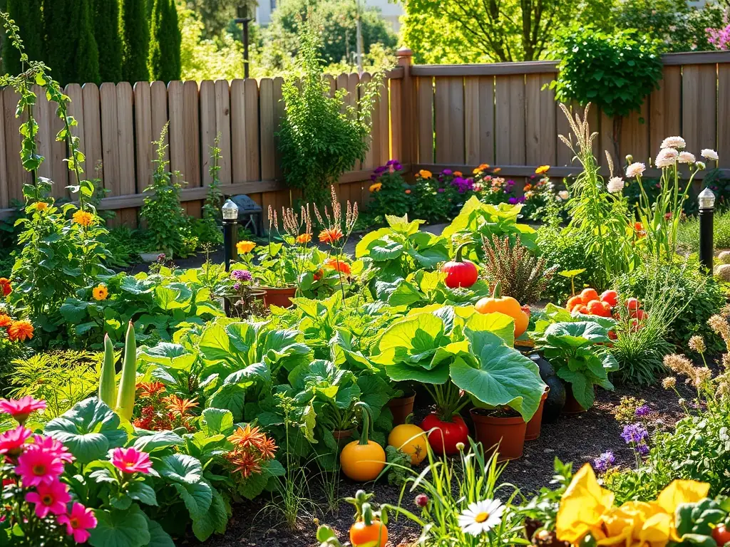 A lush vegetable garden in a backyard, illustrating the concept of growing your own food and reducing reliance on industrial agriculture.