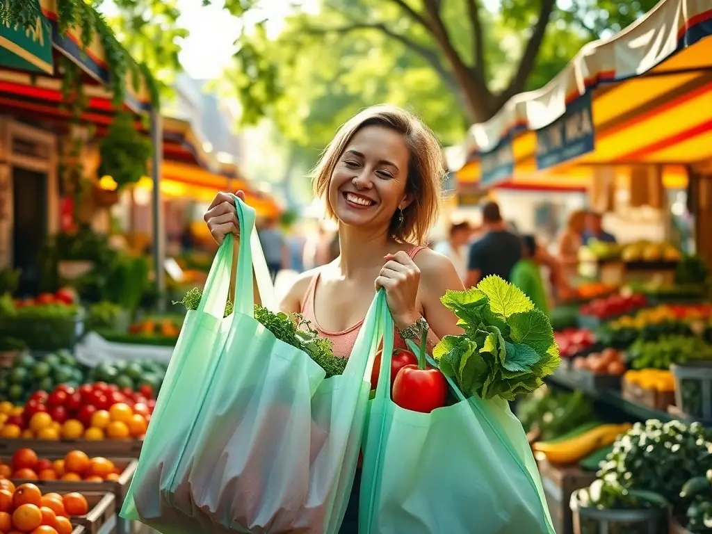 A person using reusable shopping bags at a local farmers market, showcasing a commitment to reducing plastic waste and supporting local, sustainable agriculture.